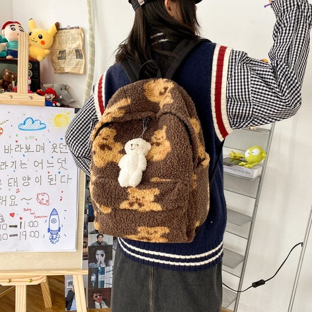 Teddy Bear Fuzzy Backpack Kawaii Side