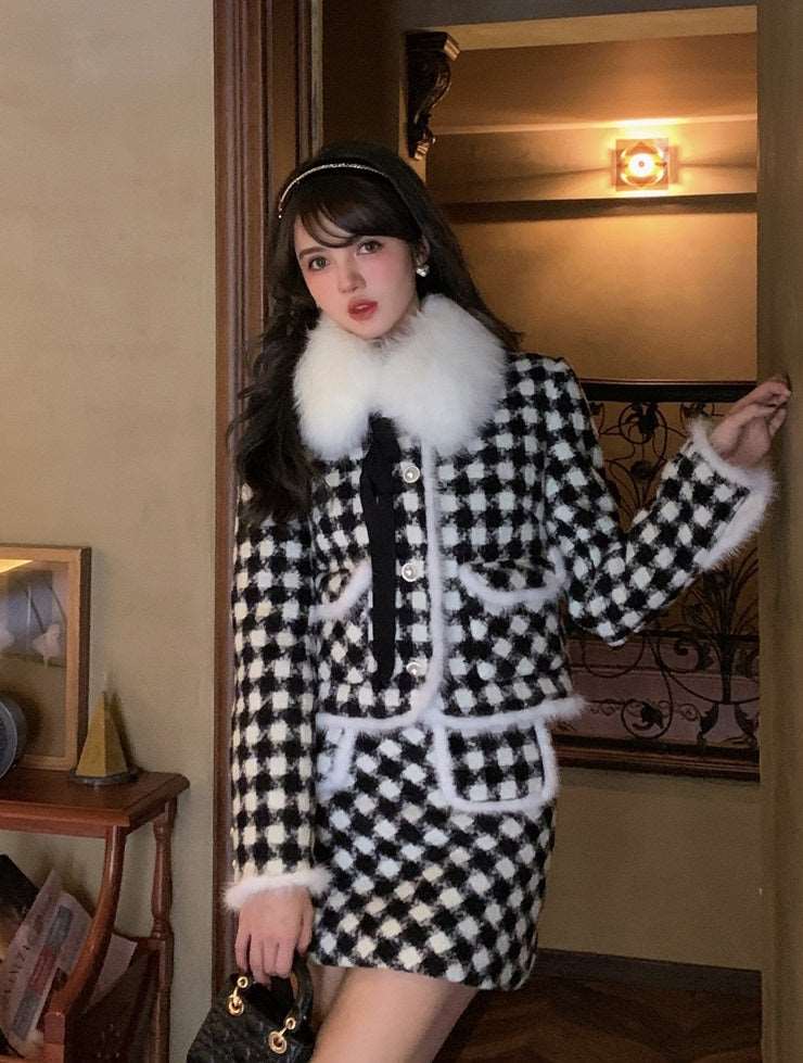 Acacia Classic Houndstooth Fur Collar White Black Jacket Skirt Two Piece Set Kawaii Side